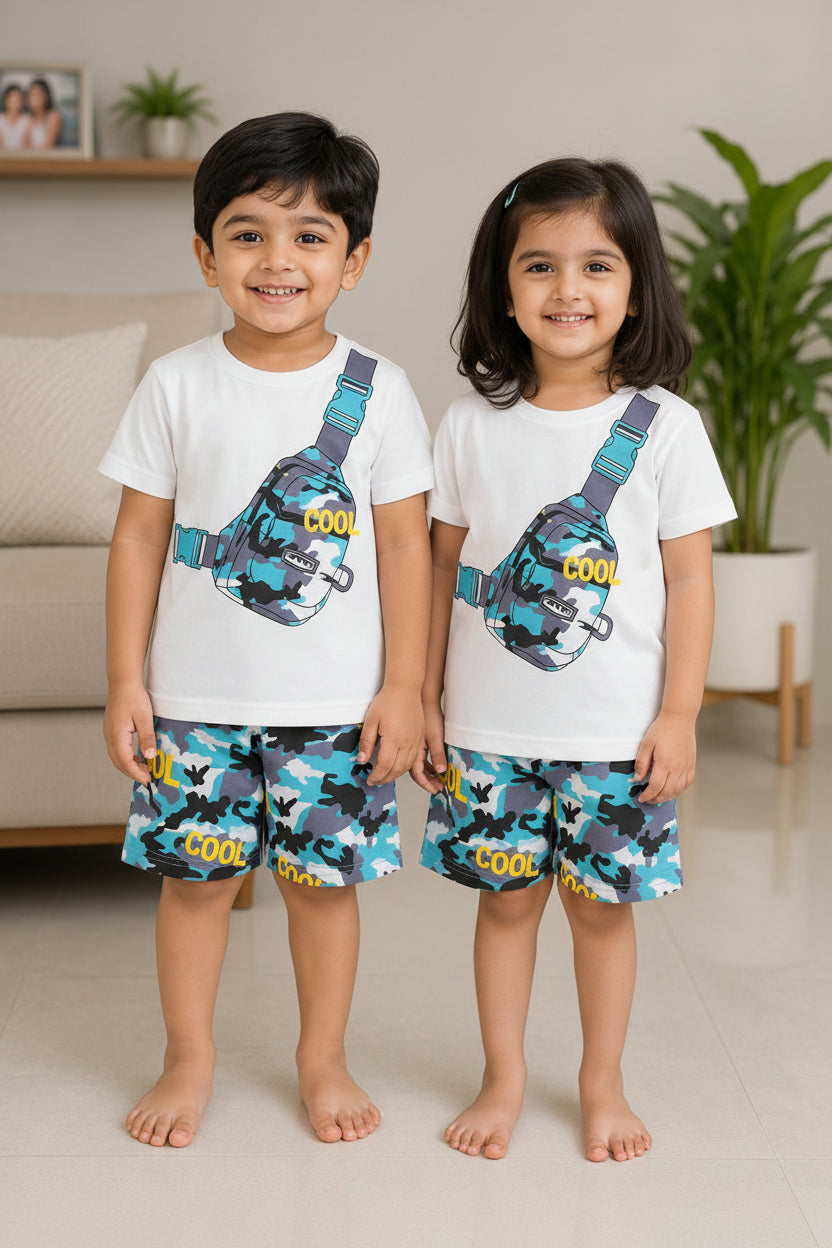 White Cool Bag Printed Short Sleeve Kids Wear