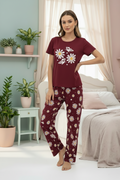 Maroon Sunflower Butterfly Printed Women Pj Set