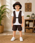 Brown Vest Stlye Half Sleeve Kids Wear With Cap