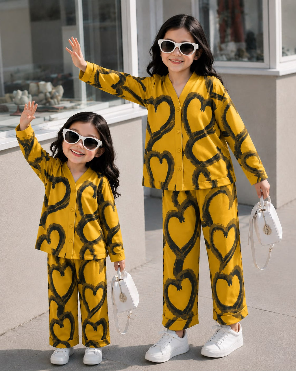 Yellow & Black Heart Printed Kids Wear
