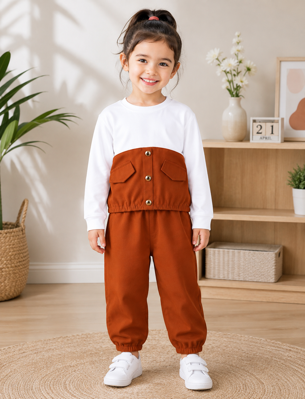 Rust & White Pocket Style Kids Wear